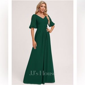 Split sleeve, a-line Emerald Green JJ’s House bridesmaid dress
